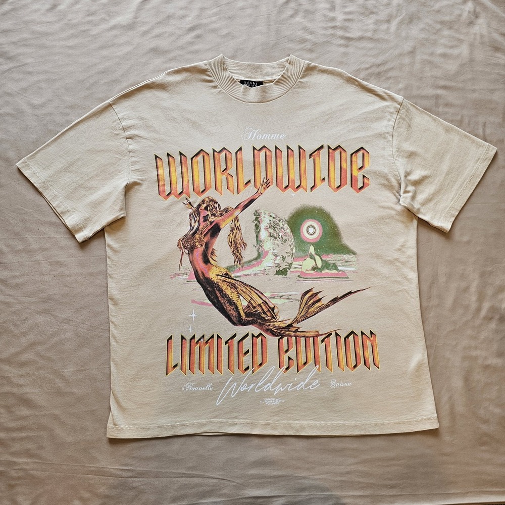 MAN Boohooman OVERSIZED WORLDWIDE GRAPHIC T-SHIRT Tan Size L